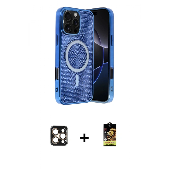 MARSİLYAN™- iPhone 16 Pro Max Kılıf Eksen Çizgi - Siyah Buffer Cam Ekran Koruyucu + PVD Metal Kamera Lens - GD