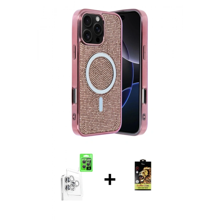 MARSİLYAN™- iPhone 16 Pro Max Kılıf Eksen Çizgi - Siyah Buffer Cam Ekran Koruyucu + Raze Metal Kamera Lens - BZ