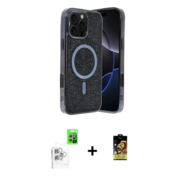 MARSİLYAN™- iPhone 16 Pro Max Kılıf Eksen Çizgi - Siyah Buffer Cam Ekran Koruyucu + Raze Metal Kamera Lens - BZ