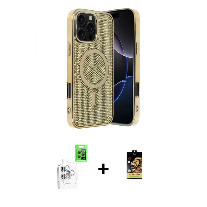 MARSİLYAN™- iPhone 16 Pro Max Kılıf Eksen Çizgi - Siyah Buffer Cam Ekran Koruyucu + Raze Metal Kamera Lens - BZ