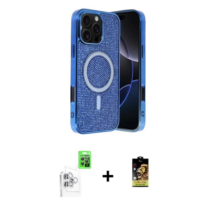 MARSİLYAN™- iPhone 16 Pro Max Kılıf Eksen Çizgi - Siyah Buffer Cam Ekran Koruyucu + Raze Metal Kamera Lens - BZ