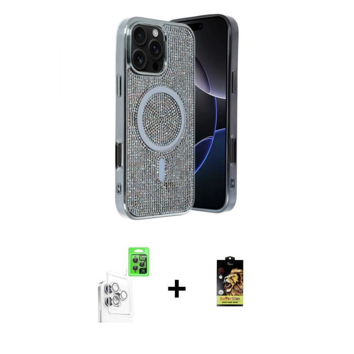 MARSİLYAN™- iPhone 16 Pro Max Kılıf Eksen Çizgi - Siyah Buffer Cam Ekran Koruyucu + Raze Metal Kamera Lens - BZ