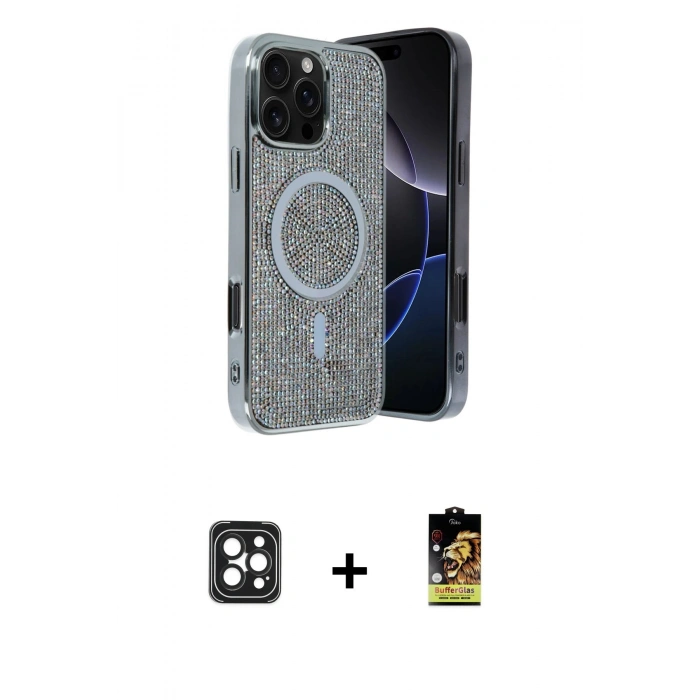 MARSİLYAN™- iPhone 16 Pro Max Kılıf Eksen Çizgi - Siyah Buffer Cam Ekran Koruyucu + PVD Metal Kamera Lens - SH