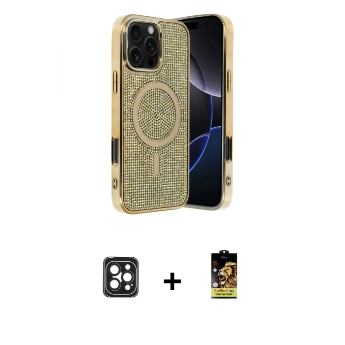 MARSİLYAN™- iPhone 16 Pro Max Kılıf Eksen Çizgi - Siyah Buffer Cam Ekran Koruyucu + PVD Metal Kamera Lens - SH