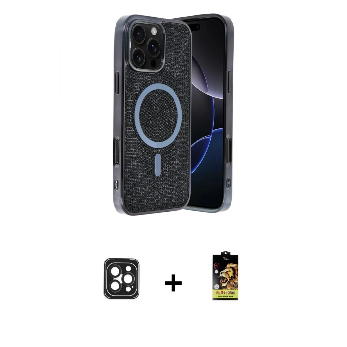 MARSİLYAN™- iPhone 16 Pro Max Kılıf Eksen Çizgi - Siyah Buffer Cam Ekran Koruyucu + PVD Metal Kamera Lens - SH