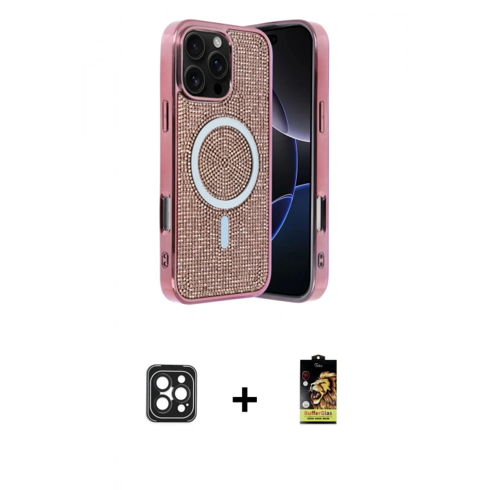 MARSİLYAN™- iPhone 16 Pro Max Kılıf Eksen Çizgi - Siyah Buffer Cam Ekran Koruyucu + PVD Metal Kamera Lens - SH