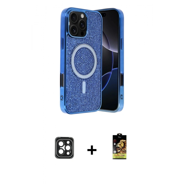 MARSİLYAN™- iPhone 16 Pro Max Kılıf Eksen Çizgi - Siyah Buffer Cam Ekran Koruyucu + PVD Metal Kamera Lens - SH