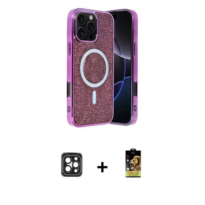MARSİLYAN™- iPhone 16 Pro Max Kılıf Eksen Çizgi - Siyah Buffer Cam Ekran Koruyucu + PVD Metal Kamera Lens - SH