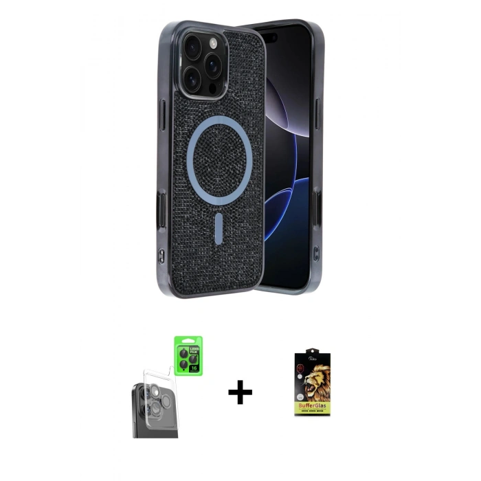 MARSİLYAN™- iPhone 16 Pro Max Kılıf Eksen Çizgi - Siyah Buffer Cam Ekran Koruyucu + Siyah Raze Metal Kamera Lens