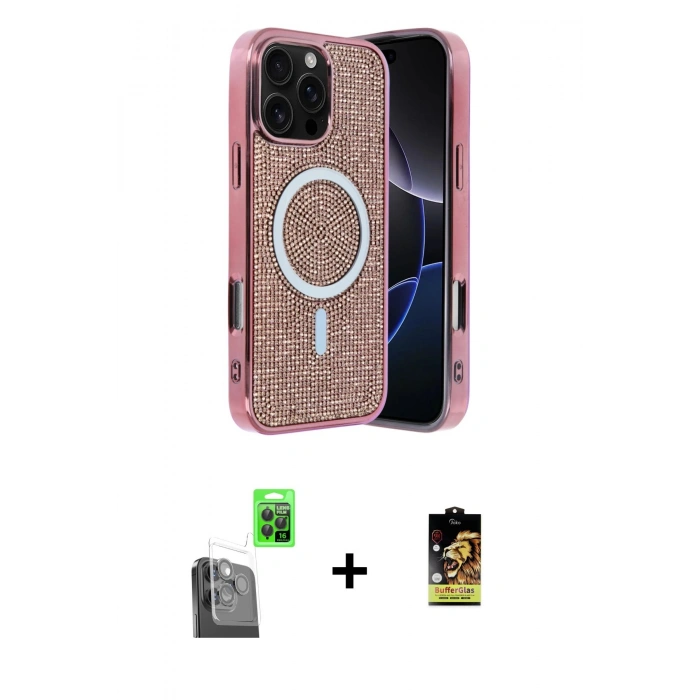 MARSİLYAN™- iPhone 16 Pro Max Kılıf Eksen Çizgi - Siyah Buffer Cam Ekran Koruyucu + Siyah Raze Metal Kamera Lens