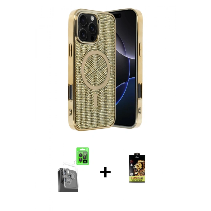 MARSİLYAN™- iPhone 16 Pro Max Kılıf Eksen Çizgi - Siyah Buffer Cam Ekran Koruyucu + Siyah Raze Metal Kamera Lens