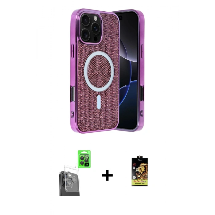 MARSİLYAN™- iPhone 16 Pro Max Kılıf Eksen Çizgi - Siyah Buffer Cam Ekran Koruyucu + Siyah Raze Metal Kamera Lens
