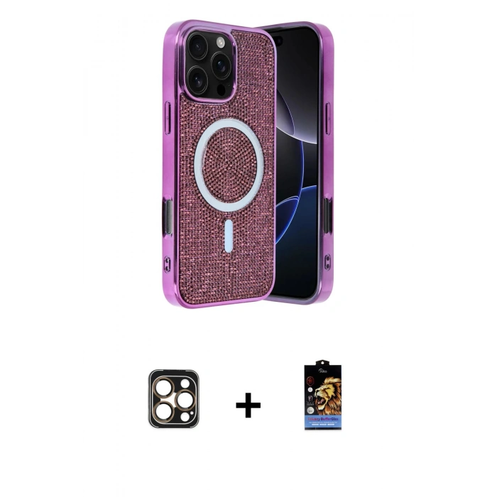 MARSİLYAN™- iPhone 16 Pro Max Kılıf Eksen Çizgi - Siyah Buffer Hayalet Cam Ekran Koruyucu + PVD Metal Kamera Lens - GD