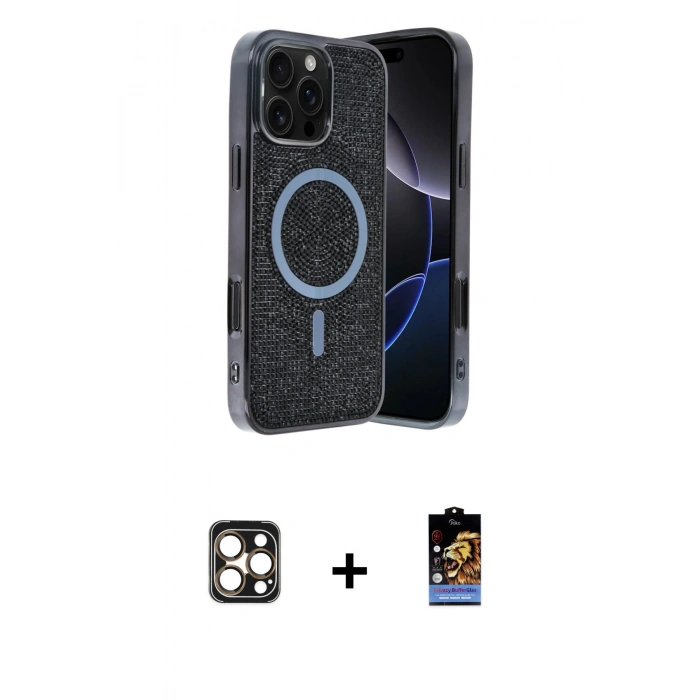 MARSİLYAN™- iPhone 16 Pro Max Kılıf Eksen Çizgi - Siyah Buffer Hayalet Cam Ekran Koruyucu + PVD Metal Kamera Lens - GD