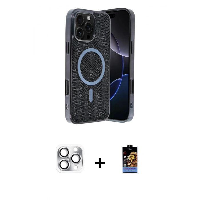 MARSİLYAN™- iPhone 16 Pro Max Kılıf Eksen Çizgi - Siyah Buffer Hayalet Cam Ekran Koruyucu + Pers Alüminyum Kamera Lens - GS