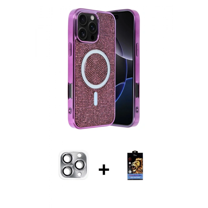 MARSİLYAN™- iPhone 16 Pro Max Kılıf Eksen Çizgi - Siyah Buffer Hayalet Cam Ekran Koruyucu + Pers Alüminyum Kamera Lens - GI