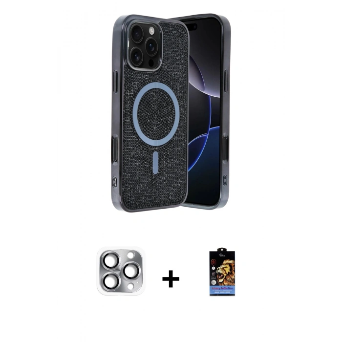 MARSİLYAN™- iPhone 16 Pro Max Kılıf Eksen Çizgi - Siyah Buffer Hayalet Cam Ekran Koruyucu + Pers Alüminyum Kamera Lens - GI