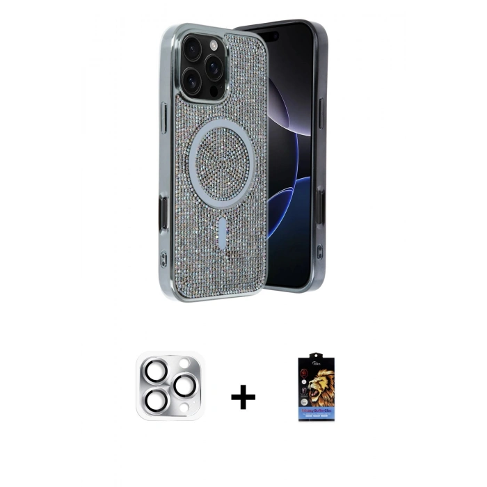 MARSİLYAN™- iPhone 16 Pro Max Kılıf Eksen Çizgi - Siyah Buffer Hayalet Cam Ekran Koruyucu + Pers Alüminyum Kamera Lens - GS