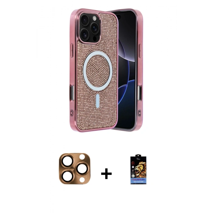 MARSİLYAN™- iPhone 16 Pro Max Kılıf Eksen Çizgi - Siyah Buffer Hayalet Cam Ekran Koruyucu + Pers Alüminyum Kamera Lens - CLTM