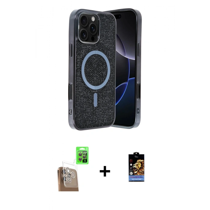 MARSİLYAN™- iPhone 16 Pro Max Kılıf Eksen Çizgi - Siyah Buffer Hayalet Cam Ekran Koruyucu + Raze Metal Kamera Lens - CLTM