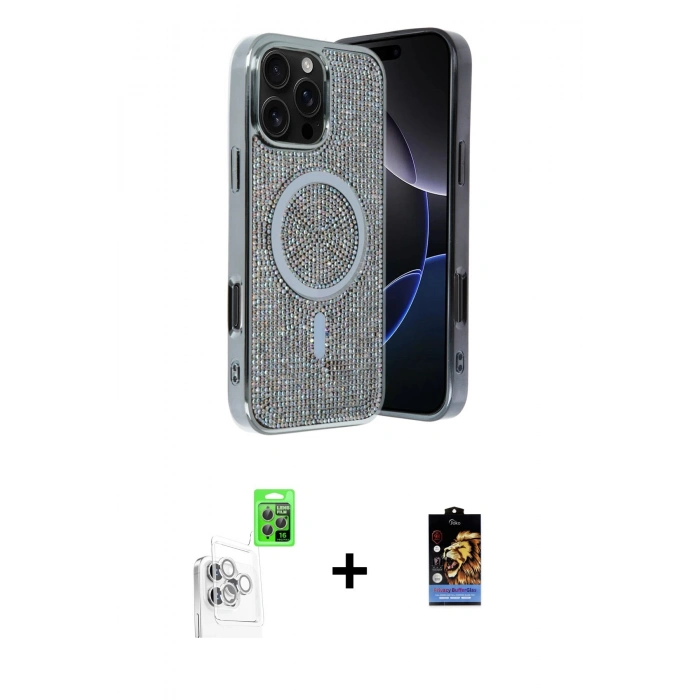 MARSİLYAN™- iPhone 16 Pro Max Kılıf Eksen Çizgi - Siyah Buffer Hayalet Cam Ekran Koruyucu + Raze Metal Kamera Lens - BZ