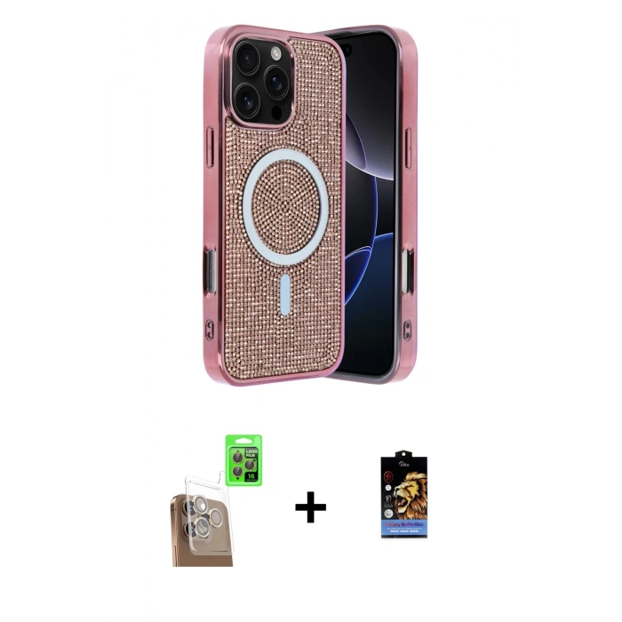 MARSİLYAN™- iPhone 16 Pro Max Kılıf Eksen Çizgi - Siyah Buffer Hayalet Cam Ekran Koruyucu + Raze Metal Kamera Lens - CLTM