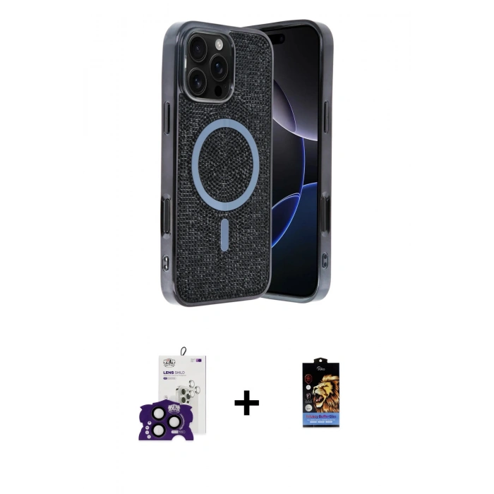 MARSİLYAN™- iPhone 16 Pro Max Kılıf Eksen Çizgi - Siyah Buffer Hayalet Cam Ekran Koruyucu + Bilvis Titan Kamera Lens - SH