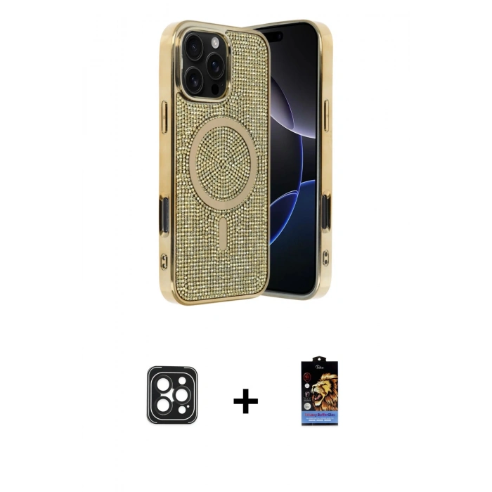 MARSİLYAN™- iPhone 16 Pro Max Kılıf Eksen Çizgi - Siyah Buffer Hayalet Cam Ekran Koruyucu + PVD Metal Kamera Lens - SH