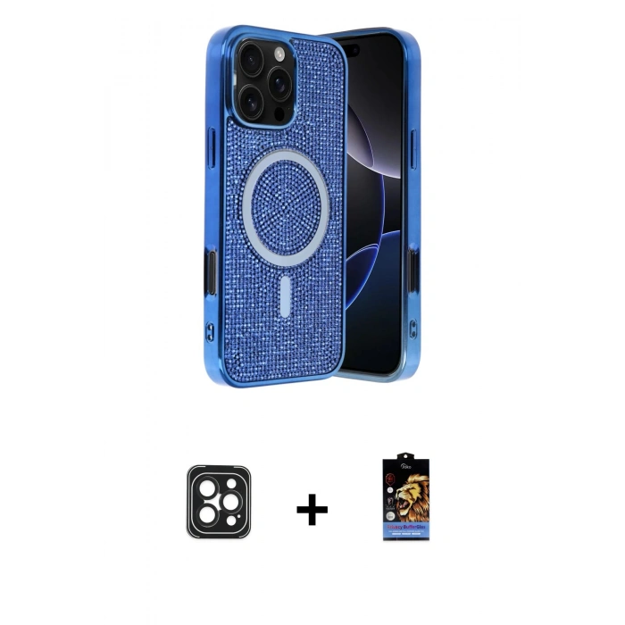 MARSİLYAN™- iPhone 16 Pro Max Kılıf Eksen Çizgi - Siyah Buffer Hayalet Cam Ekran Koruyucu + PVD Metal Kamera Lens - SH
