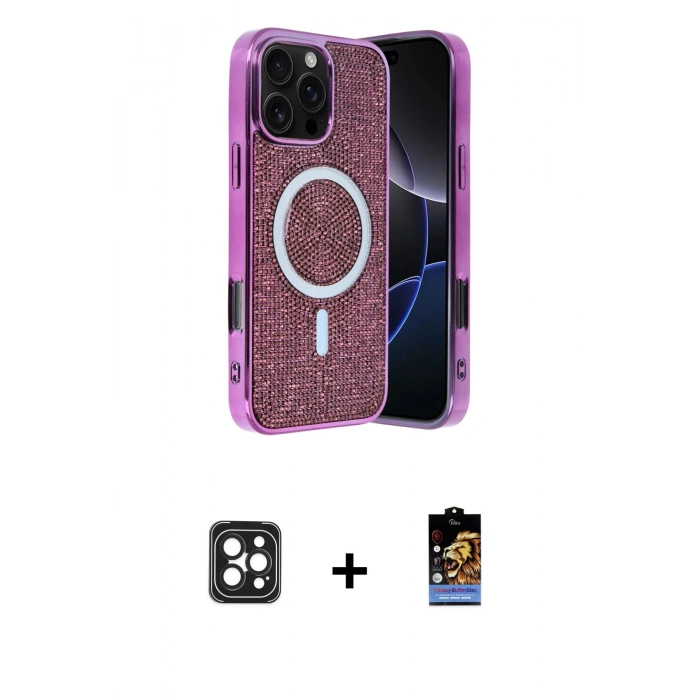 MARSİLYAN™- iPhone 16 Pro Max Kılıf Eksen Çizgi - Siyah Buffer Hayalet Cam Ekran Koruyucu + PVD Metal Kamera Lens - SH