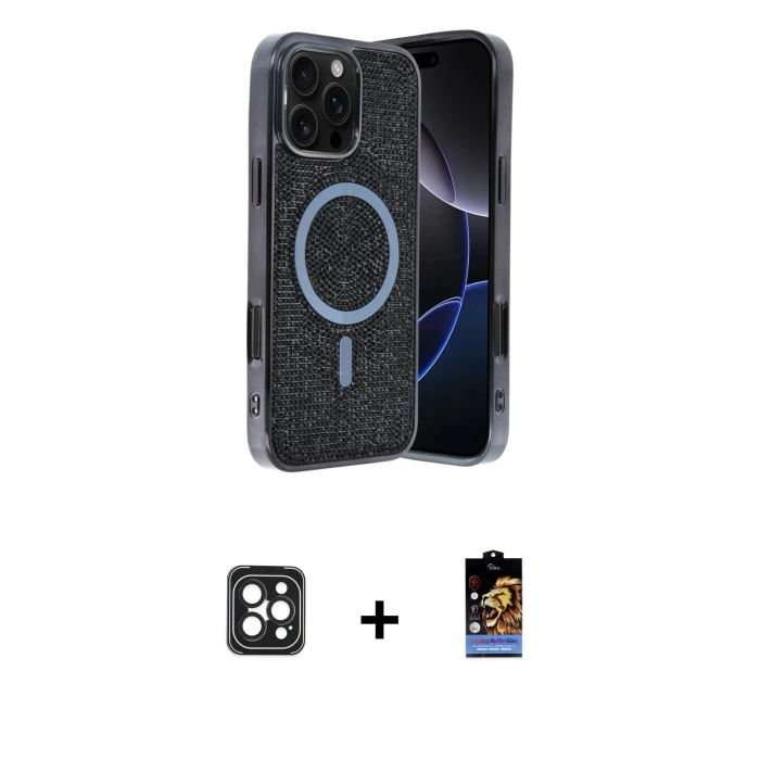 MARSİLYAN™- iPhone 16 Pro Max Kılıf Eksen Çizgi - Siyah Buffer Hayalet Cam Ekran Koruyucu + PVD Metal Kamera Lens - SH