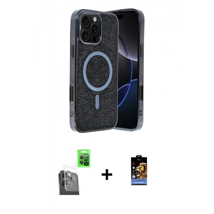 MARSİLYAN™- iPhone 16 Pro Max Kılıf Eksen Çizgi - Siyah Buffer Hayalet Cam Ekran Koruyucu + Siyah Raze Metal Kamera Lens