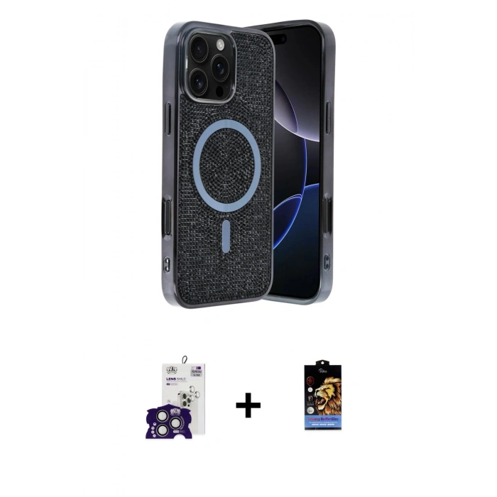 MARSİLYAN™- iPhone 16 Pro Max Kılıf Eksen Çizgi - Siyah Buffer Hayalet Cam Ekran Koruyucu + Bilvis Titan Kamera Lens - TMGI