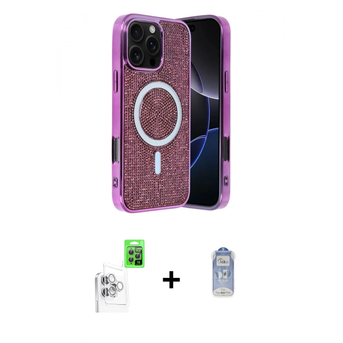 MARSİLYAN™- iPhone 16 Pro Max Kılıf Eksen Çizgi - Siyah Joko Magic 5D Cam + Raze Metal Kamera Lens - BZ