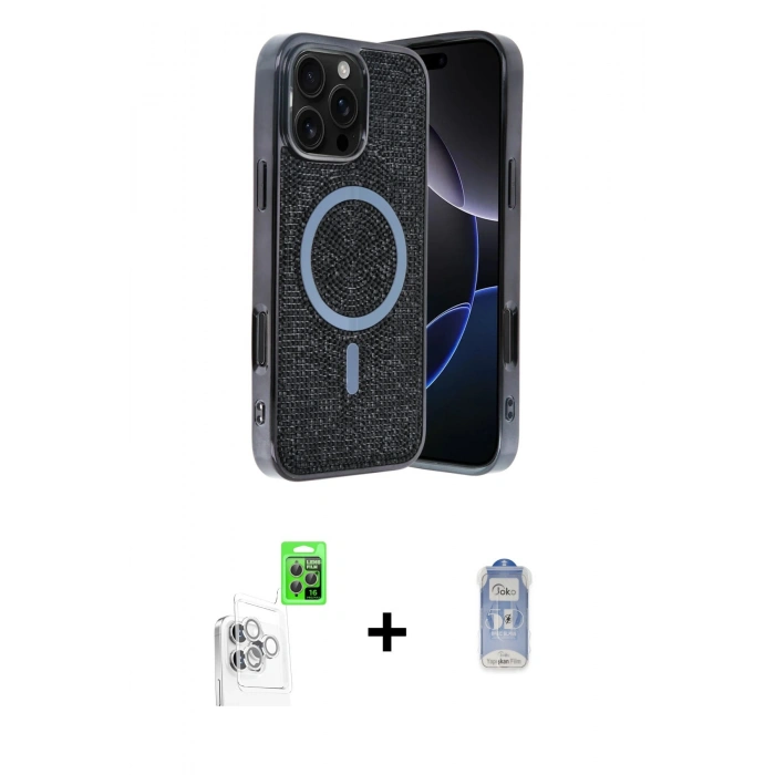 MARSİLYAN™- iPhone 16 Pro Max Kılıf Eksen Çizgi - Siyah Joko Magic 5D Cam + Raze Metal Kamera Lens - BZ
