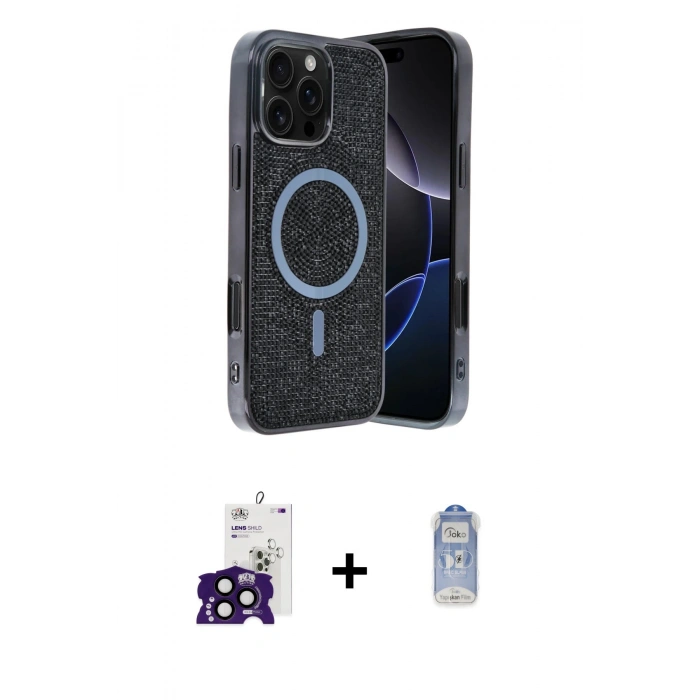MARSİLYAN™- iPhone 16 Pro Max Kılıf Eksen Çizgi - Siyah Joko Magic 5D Cam + Bilvis Titan Kamera Lens - SH