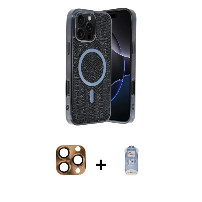 MARSİLYAN™- iPhone 16 Pro Max Kılıf Eksen Çizgi - Siyah Joko Magic 5D Cam + Çöl Titanyum Pers Alüminyum Kamera Lens