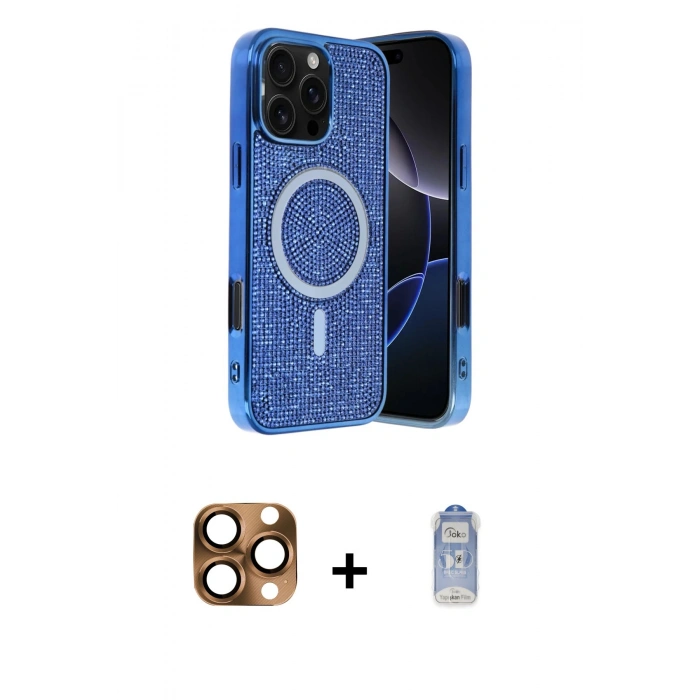 MARSİLYAN™- iPhone 16 Pro Max Kılıf Eksen Çizgi - Siyah Joko Magic 5D Cam + Çöl Titanyum Pers Alüminyum Kamera Lens