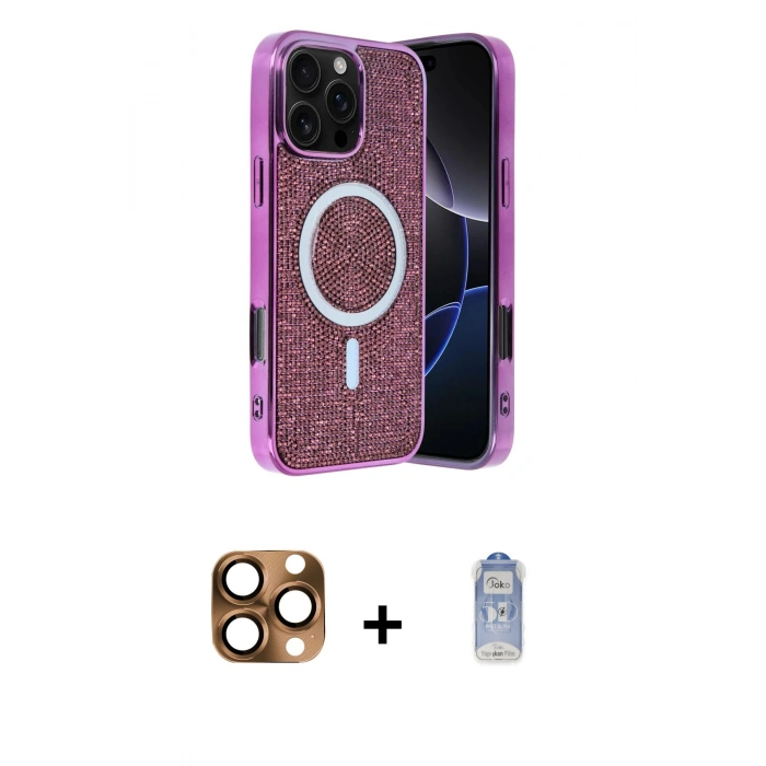 MARSİLYAN™- iPhone 16 Pro Max Kılıf Eksen Çizgi - Siyah Joko Magic 5D Cam + Çöl Titanyum Pers Alüminyum Kamera Lens