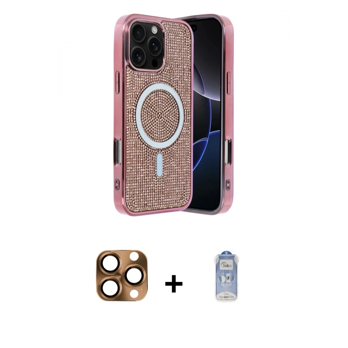 MARSİLYAN™- iPhone 16 Pro Max Kılıf Eksen Çizgi - Siyah Joko Magic 5D Cam + Çöl Titanyum Pers Alüminyum Kamera Lens