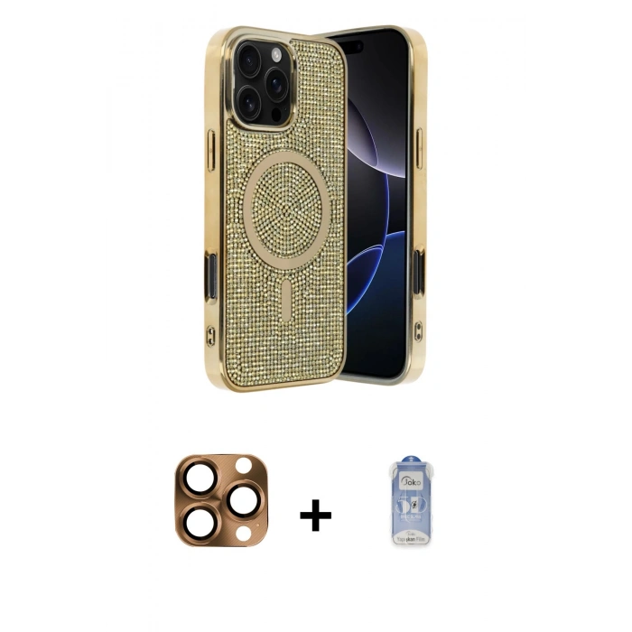 MARSİLYAN™- iPhone 16 Pro Max Kılıf Eksen Çizgi - Siyah Joko Magic 5D Cam + Çöl Titanyum Pers Alüminyum Kamera Lens