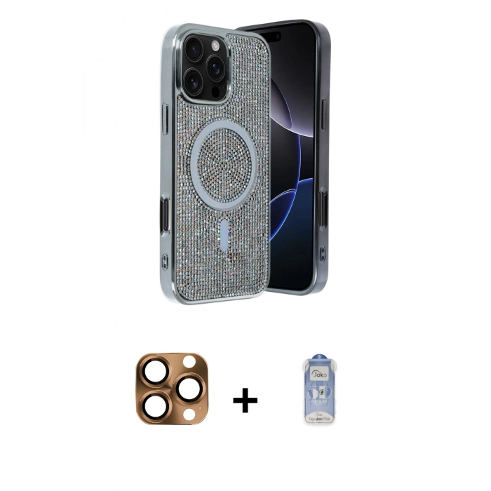 MARSİLYAN™- iPhone 16 Pro Max Kılıf Eksen Çizgi - Siyah Joko Magic 5D Cam + Çöl Titanyum Pers Alüminyum Kamera Lens