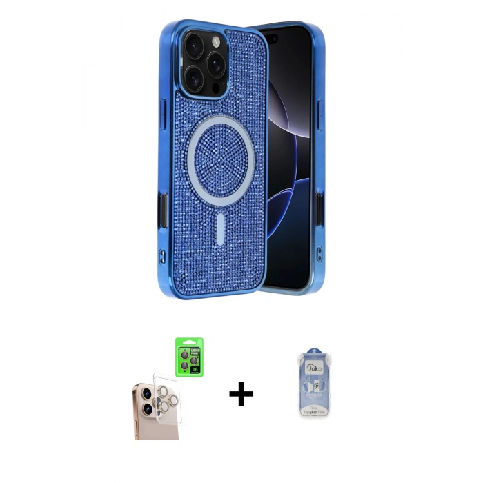 MARSİLYAN™- iPhone 16 Pro Max Kılıf Eksen Çizgi - Siyah Joko Magic 5D Cam + Natural Grey Raze Metal Kamera Lens