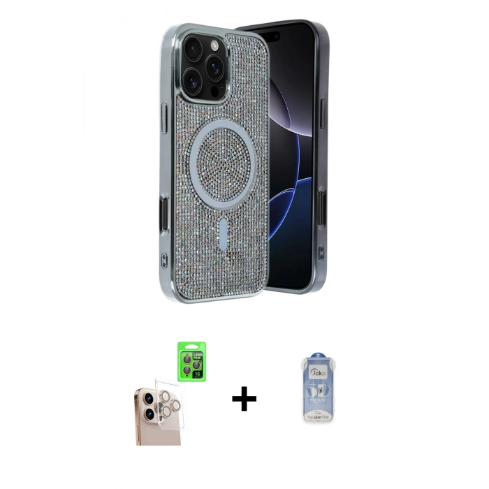 MARSİLYAN™- iPhone 16 Pro Max Kılıf Eksen Çizgi - Siyah Joko Magic 5D Cam + Natural Grey Raze Metal Kamera Lens