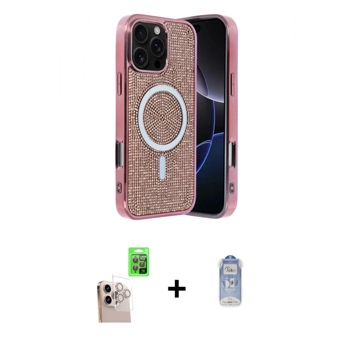 MARSİLYAN™- iPhone 16 Pro Max Kılıf Eksen Çizgi - Siyah Joko Magic 5D Cam + Natural Grey Raze Metal Kamera Lens