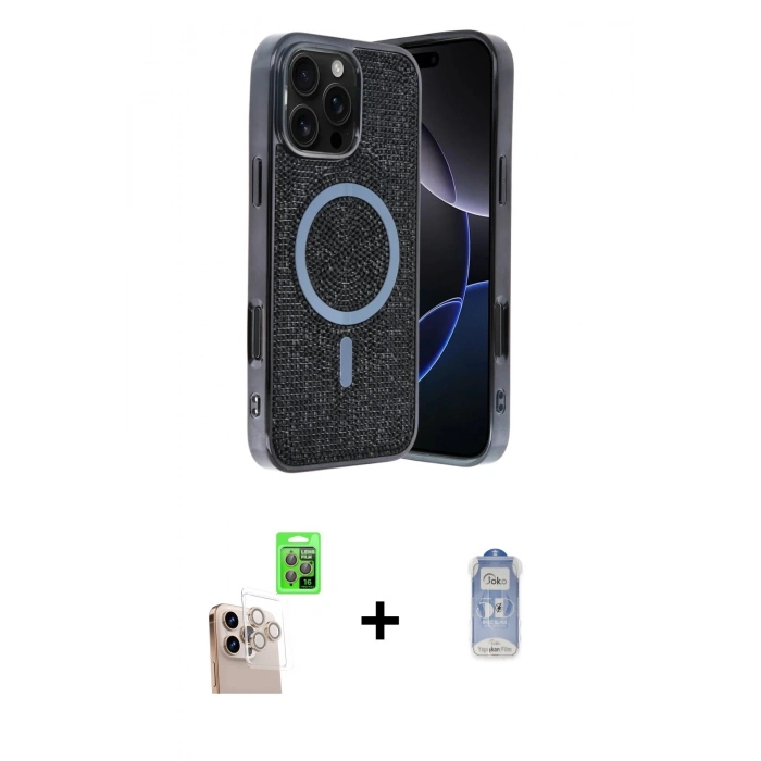 MARSİLYAN™- iPhone 16 Pro Max Kılıf Eksen Çizgi - Siyah Joko Magic 5D Cam + Natural Grey Raze Metal Kamera Lens