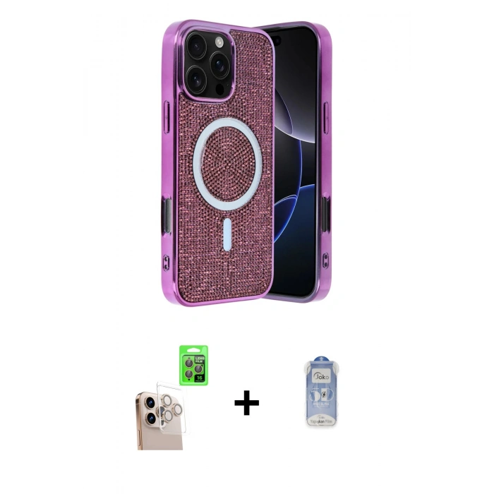 MARSİLYAN™- iPhone 16 Pro Max Kılıf Eksen Çizgi - Siyah Joko Magic 5D Cam + Natural Grey Raze Metal Kamera Lens