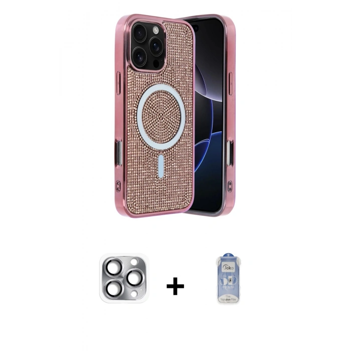 MARSİLYAN™- iPhone 16 Pro Max Kılıf Eksen Çizgi - Siyah Joko Magic 5D Cam + Pers Alüminyum Kamera Lens - GI