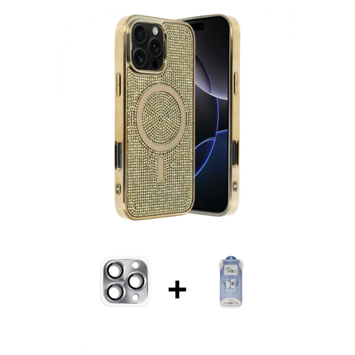 MARSİLYAN™- iPhone 16 Pro Max Kılıf Eksen Çizgi - Siyah Joko Magic 5D Cam + Pers Alüminyum Kamera Lens - GI