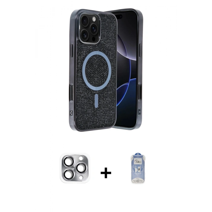 MARSİLYAN™- iPhone 16 Pro Max Kılıf Eksen Çizgi - Siyah Joko Magic 5D Cam + Pers Alüminyum Kamera Lens - GI